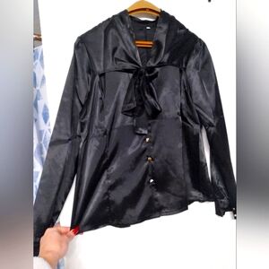 Chic Black Satin Blouse with Bow Detail